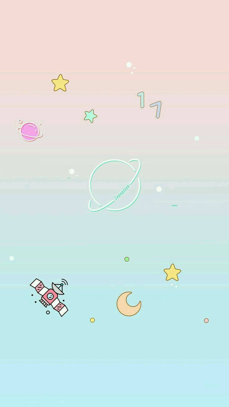 星星 桌布 壁紙 — 柔和漸變天空，可愛卡通行星、星星、月亮和衛星在太空中輕輕漂浮。