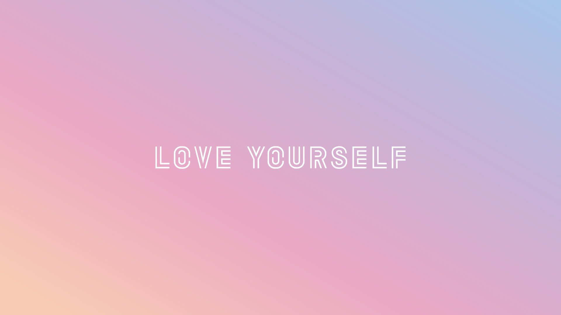 Bts Love Yourself 桌布 壁紙 — 柔和漸變背景，採用粉紅和粉藍色調，以乾淨的白色輪廓文字顯示love yourself字句。