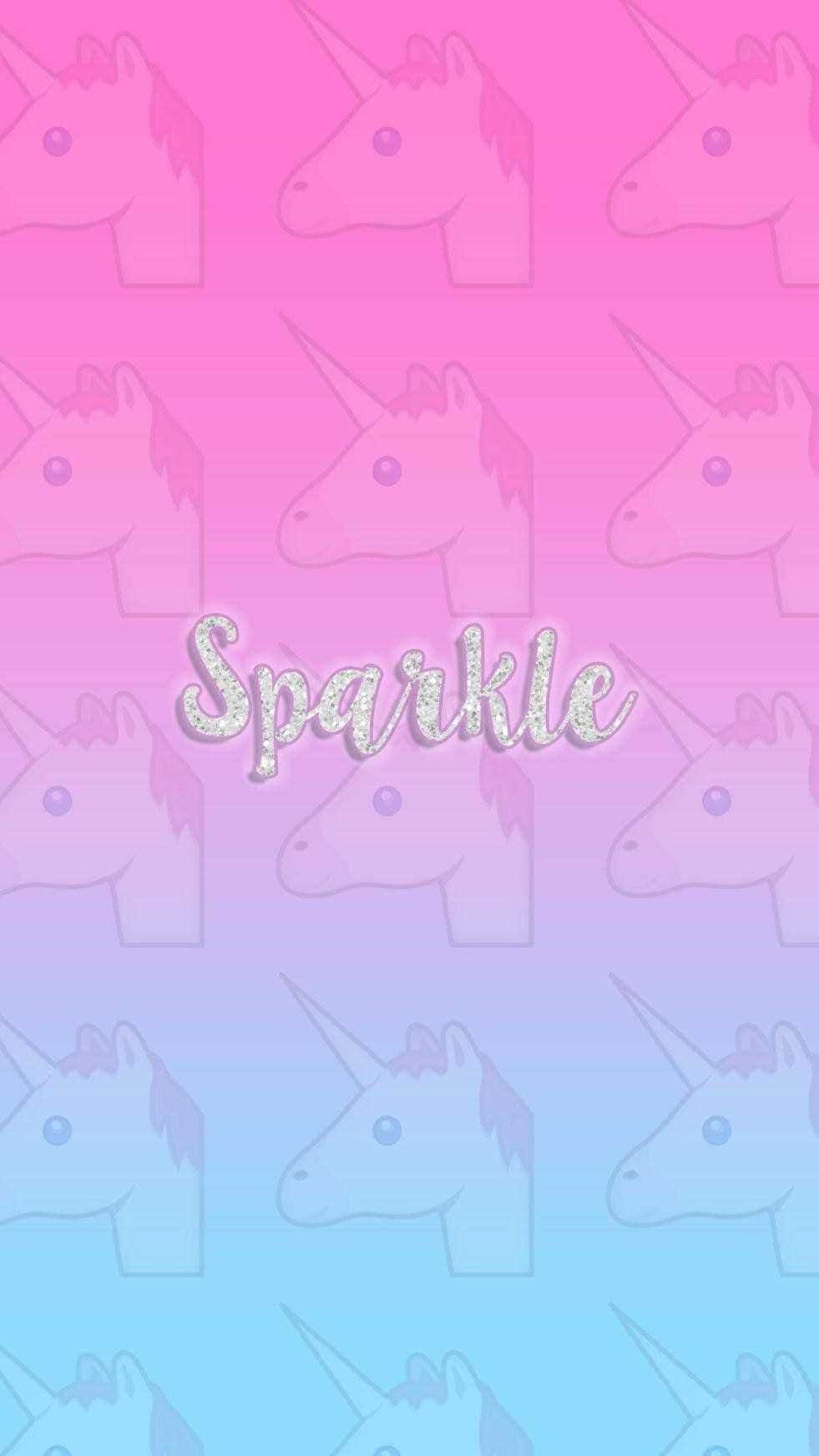 Pastel Unicorn 桌布 壁紙 — 柔和漸變色牆紙，帶有重複的獨角獸頭和閃閃發光的閃爍文字。