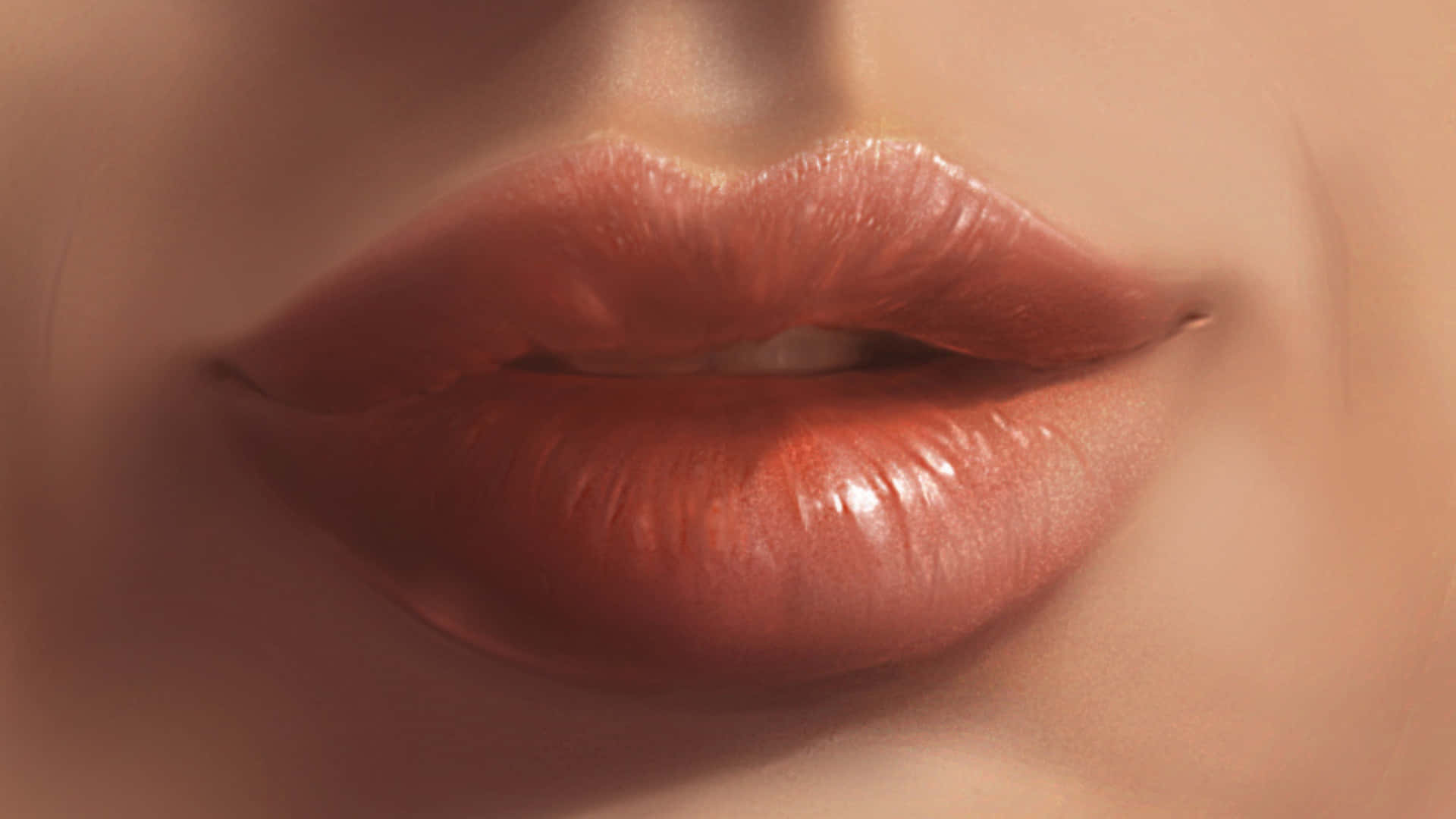 Pink Lips 桌布 壁紙 — 柔和燈光下帶有微妙光澤和自然質感的亮澤珊瑚色嘴唇特寫。