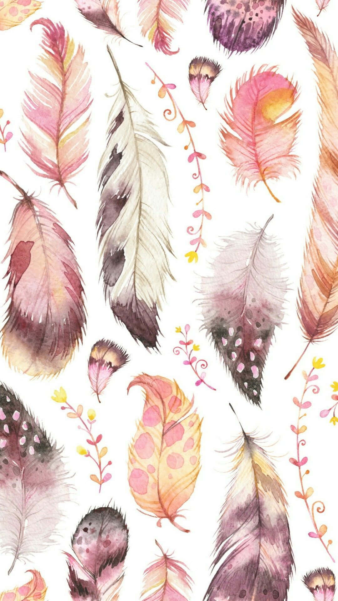 Boho Pastel 桌布 壁紙 — 柔和的水彩羽毛，以粉紅蜜桃和紫羅蘭色調，在潔白背景上與精緻的花枝一同飄浮。