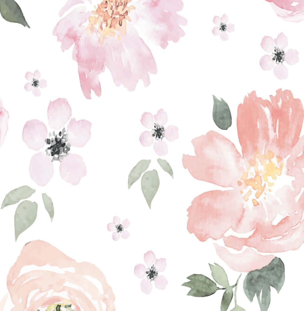 Floral Print 桌布 壁紙 — 柔和的水彩花卉以粉紅、蜜桃和鼠尾草綠色調，在潔白背景上以輕柔筆觸綻放。