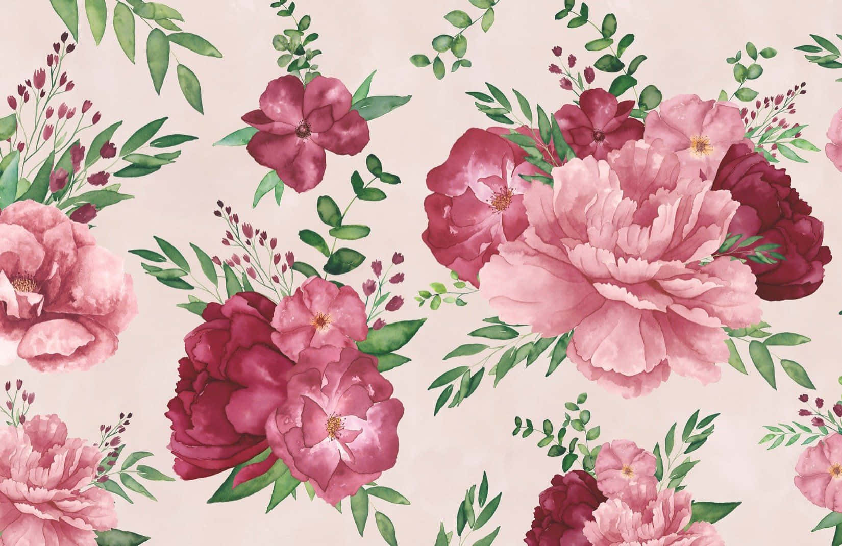 Floral Print 桌布 壁紙 — 柔和的水彩花卉圖案，以淡粉紅底色襯托茂盛的粉紅和洋紅色牡丹，搭配綠色葉子。