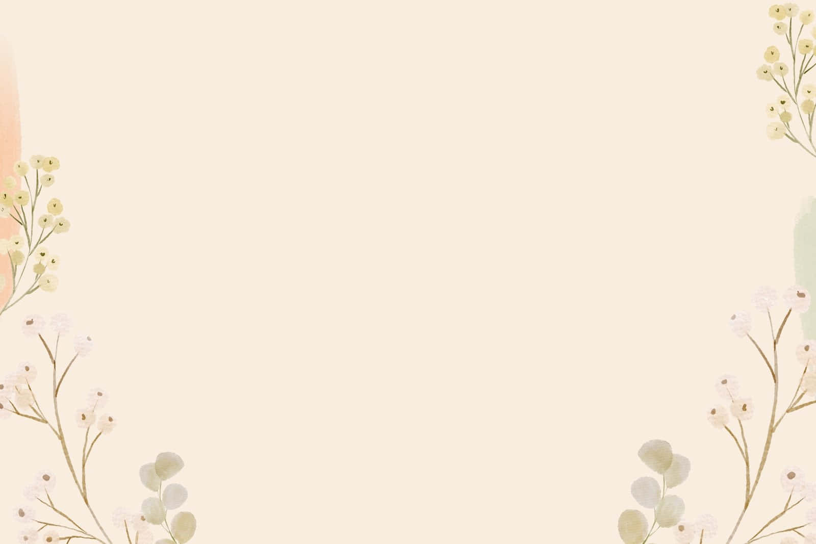 Minimalist Vintage 桌布 壁紙 — 柔和的水彩花卉邊框，以精緻的白色和奶油色花朵環繞空白米色畫布。