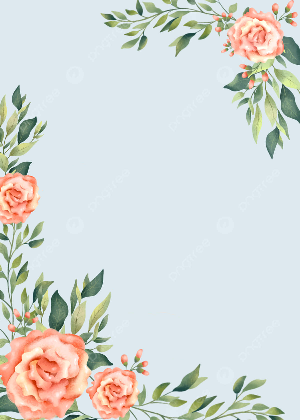 Elegant Floral 桌布 壁紙 — 柔和的水彩花卉邊框，以蜜桃玫瑰和綠葉環繞淡藍色背景。
