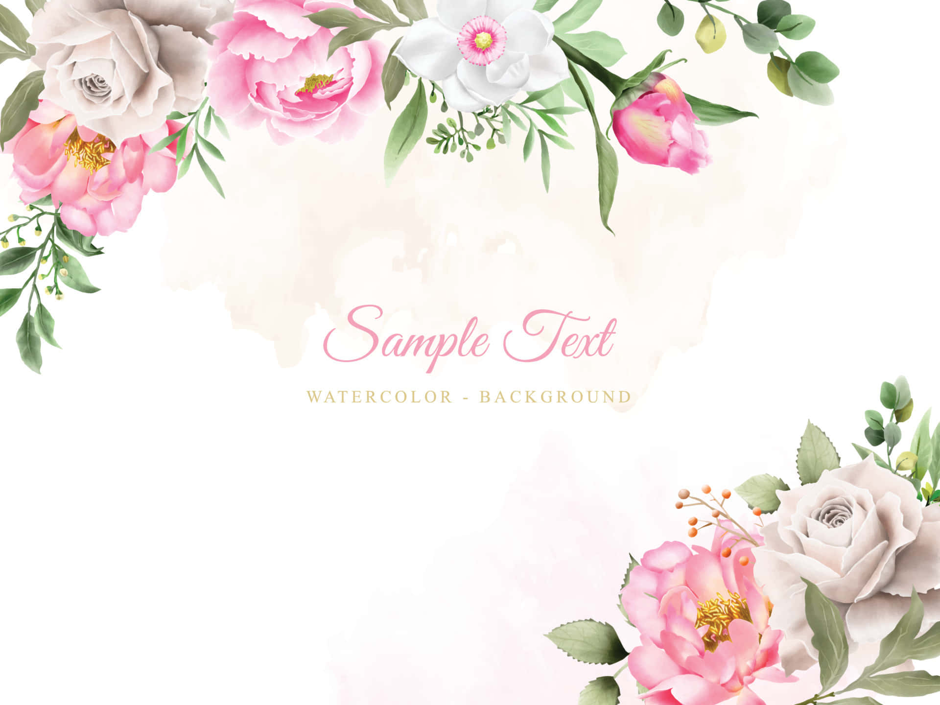 Elegant Floral 桌布 壁紙 — 柔和的水彩花卉邊框，粉紅色牡丹和綠色植物環繞著淺色背景上的空白空間。