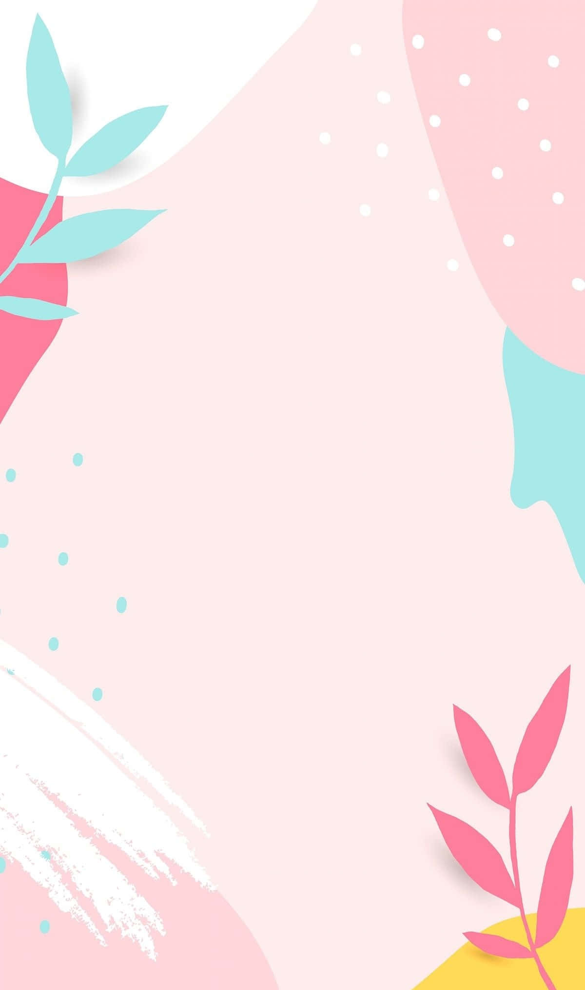 Pastel Phone 桌布 壁紙 — 柔和的粉彩抽象背景，帶有粉紅色、藍綠色和黃色形狀、點狀葉子和筆觸。