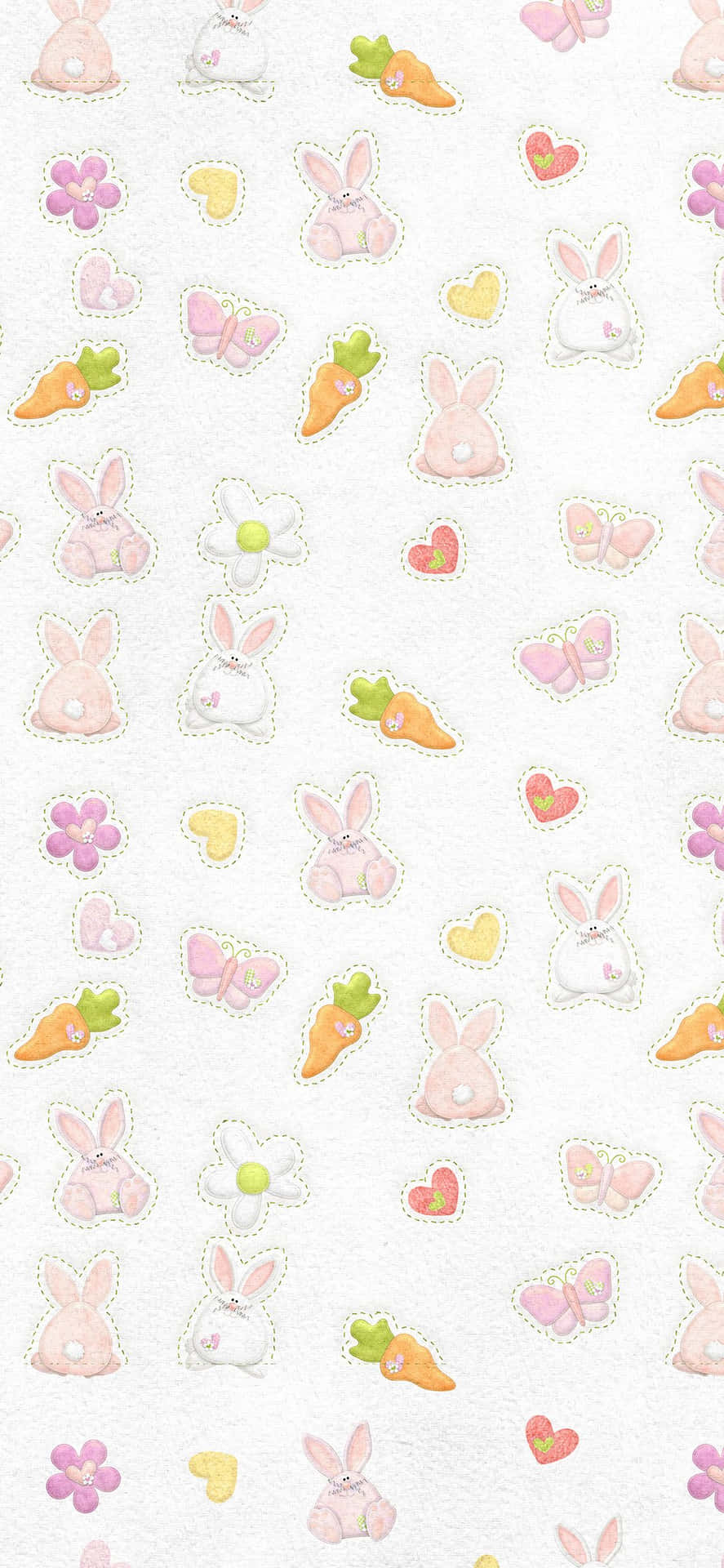 Pink Bunny 桌布 壁紙 — 柔和的粉彩牆紙圖案，以縫線輪廓在紋理白色背景上呈現可愛的兔子、胡蘿蔔、花朵和心形。