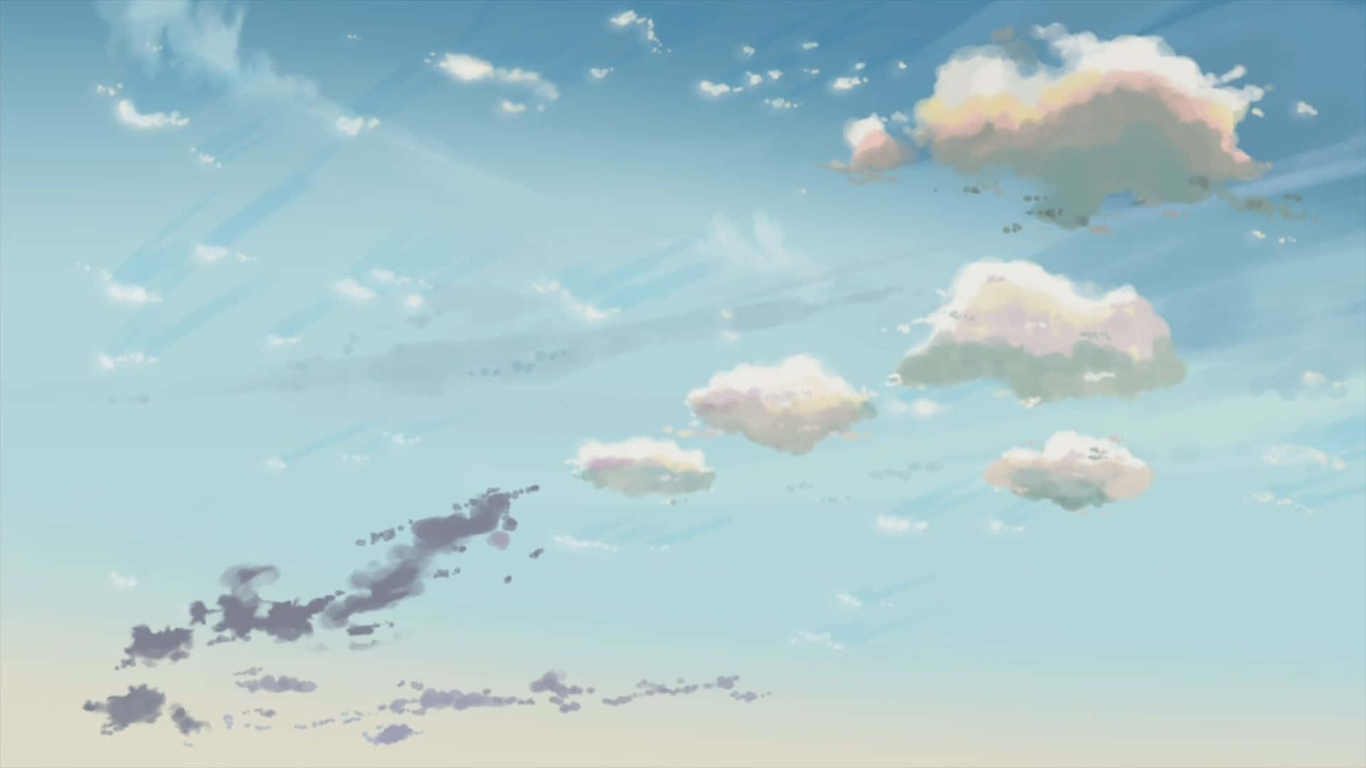 靚靚動畫 桌布 壁紙 — 柔和的粉彩雲朵飄過寧靜的天空，天空塗上柔和的藍色和粉紅色，帶有微妙的陽光。