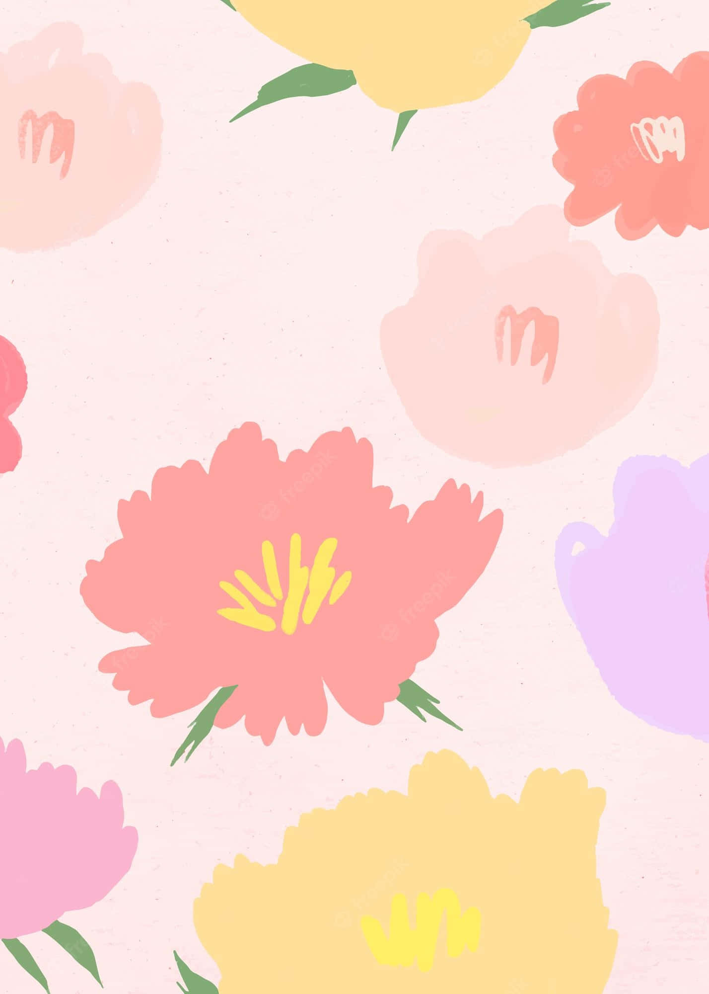 Cute Flower 桌布 壁紙 — 柔和的粉紅、黃色和薰衣草色粉彩花朵在帶有紋理的奶油色背景上盛開，帶有溫柔的筆觸細節。