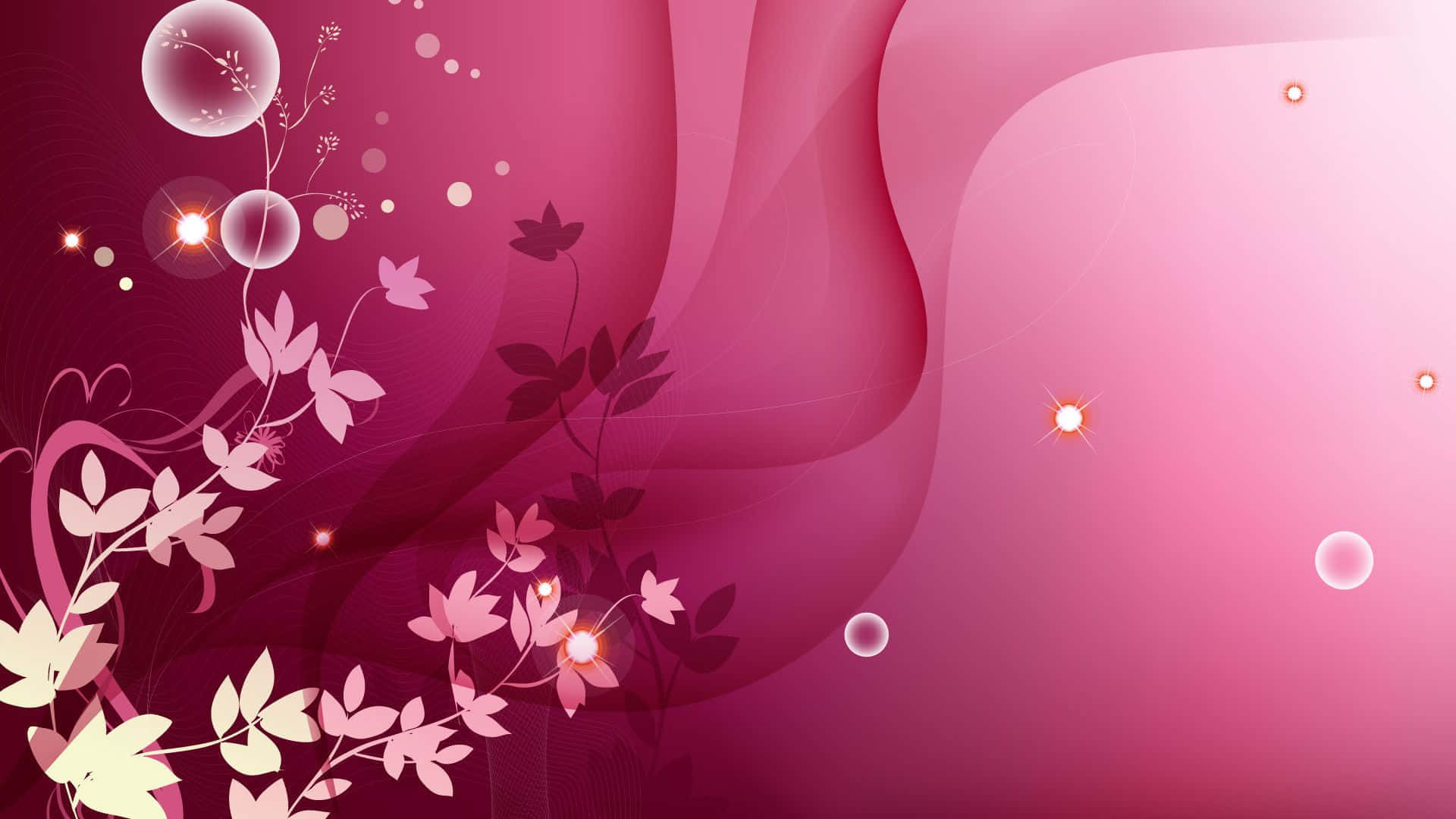 Pink Girly 桌布 壁紙 — 柔和的粉紅色和洋紅色抽象漩渦，飾以發光球體和精緻的花卉藤蔓，營造出夢幻的數碼牆紙。