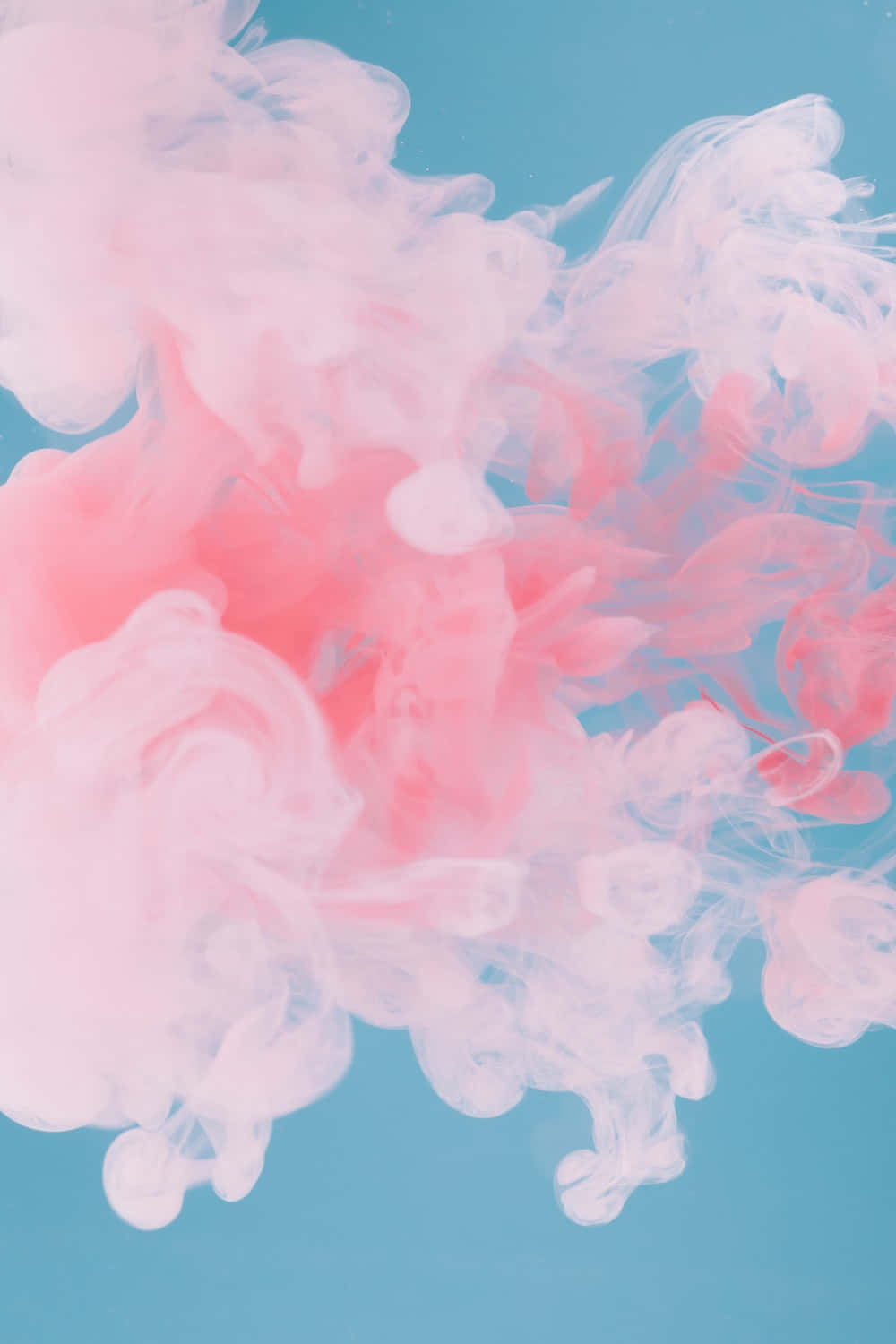 3d Girly 桌布 壁紙 — 柔和的粉紅色和白色墨水在平靜的藍色背景上優雅地旋轉，形成夢幻般的抽象構圖。