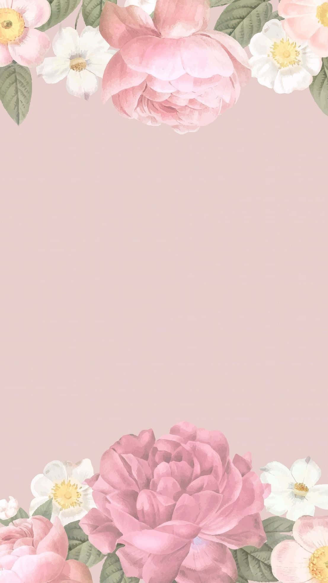 Elegant Floral 桌布 壁紙 — 柔和的粉紅色和白色花朵與綠色葉子框住淡粉色背景的頂部和底部。