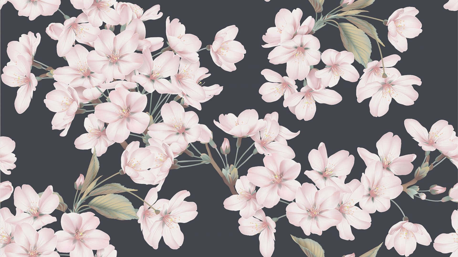Tumblr Flower 桌布 壁紙 — 柔和的粉紅色櫻花與綠葉在深炭灰色背景上綻放，形成精緻的花卉圖案。