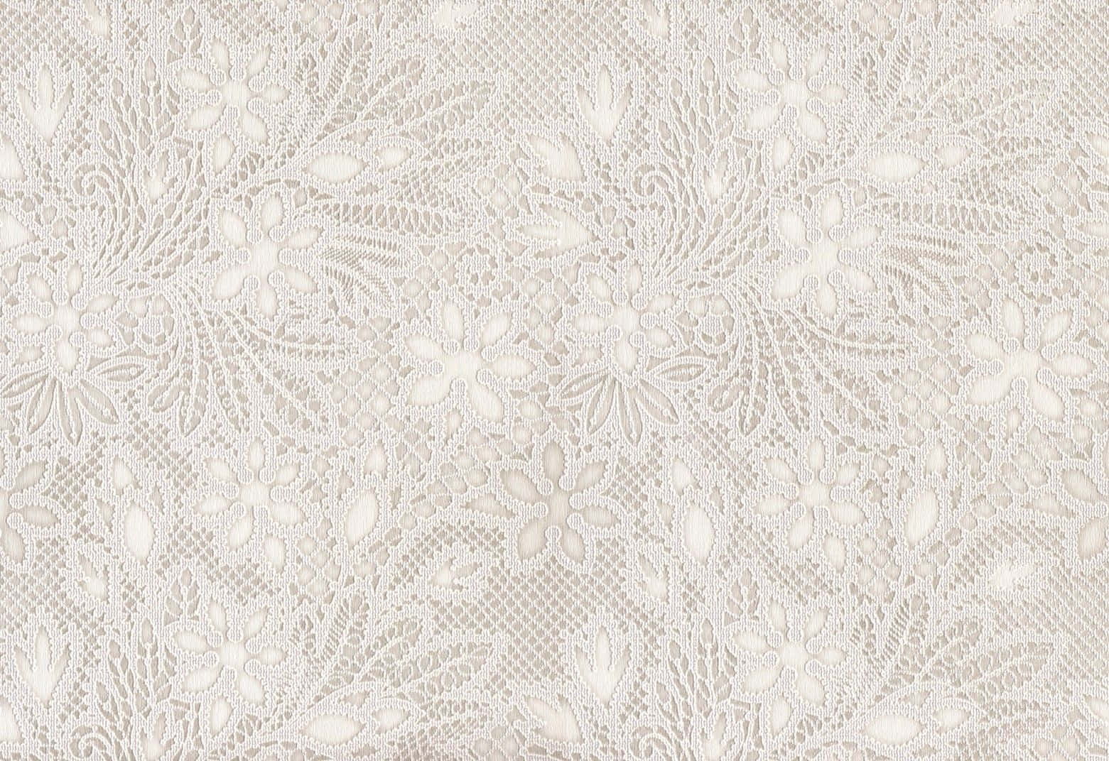 Lace 桌布 壁紙 — 柔和的自然光下，帶有花卉和葉子圖案的精緻象牙色蕾絲布料。