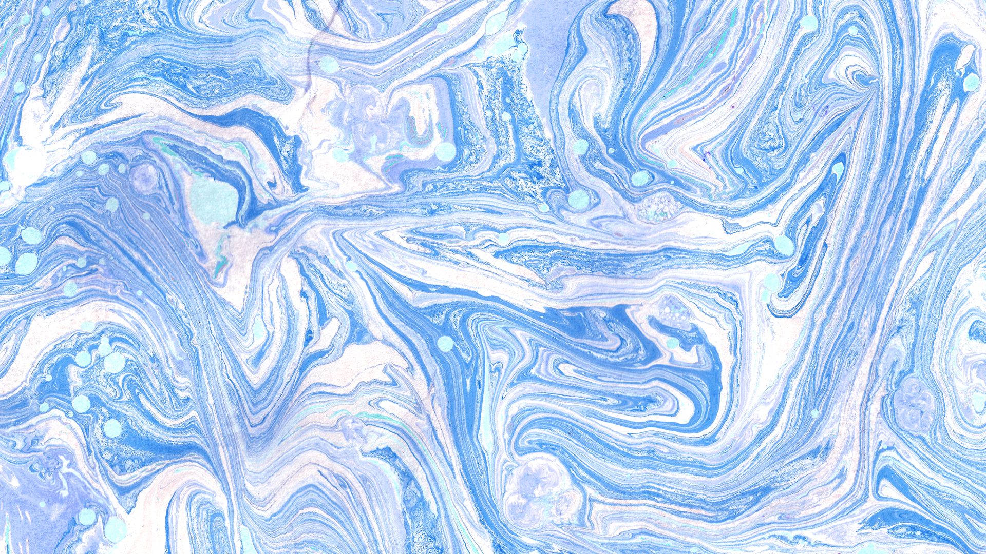 Aesthetic Marble 桌布 壁紙 — 柔和的藍色和白色漩渦抽象圖案，帶有流動的大理石紋理和散落的青綠色圓點。