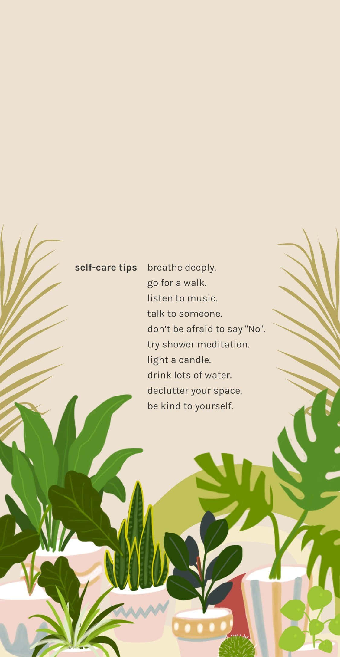 Self Care 桌布 壁紙 — 柔和米色背景上，盆栽植物圍繞自我護理提示文字的粉彩插圖。