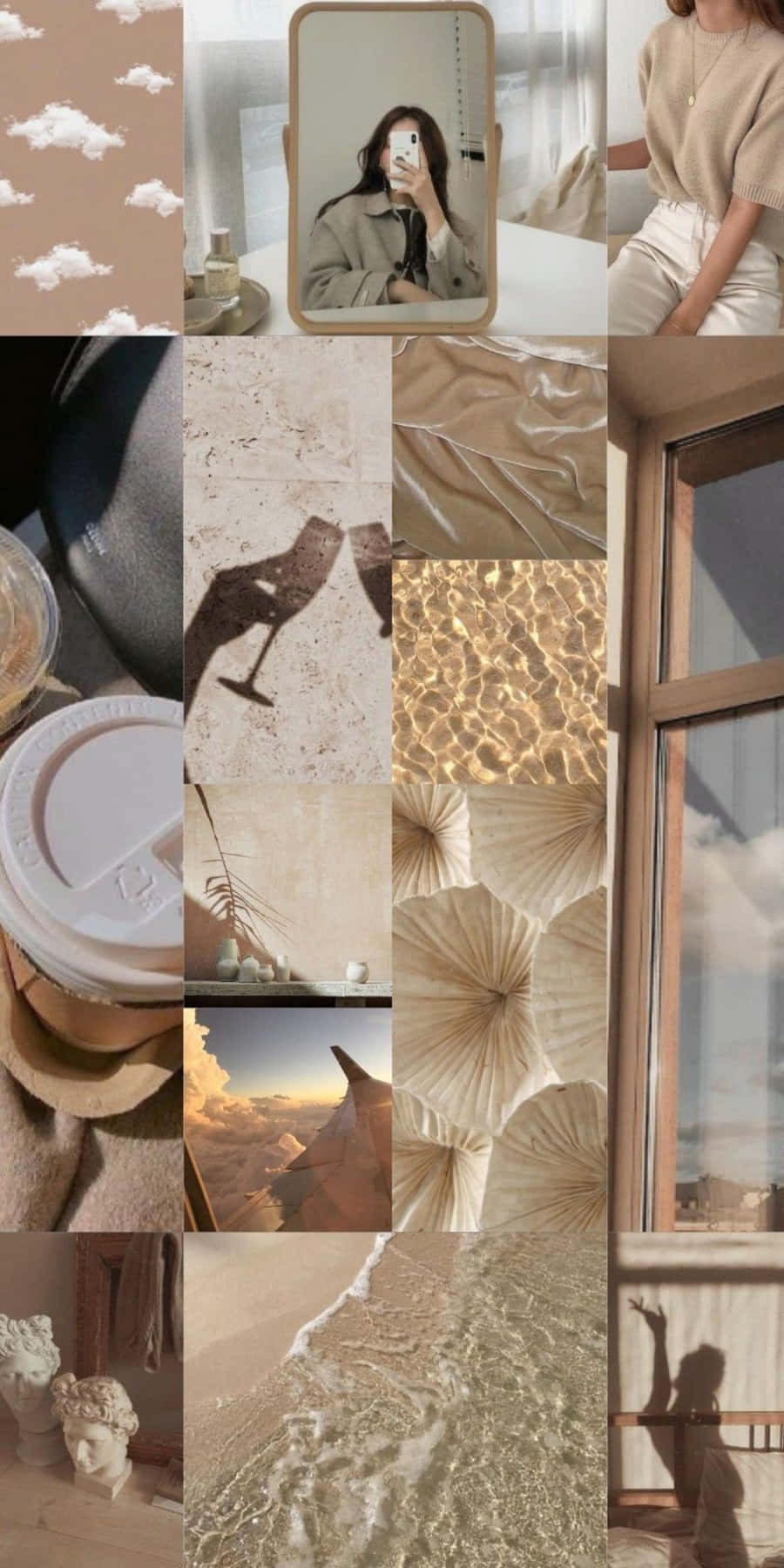 Korean Beige Aesthetic 桌布 壁紙 — 柔和米色調拼貼畫，包含雲朵、咖啡、砂紙、扇子，以及一個人在舒適房間裡對著鏡子自拍。