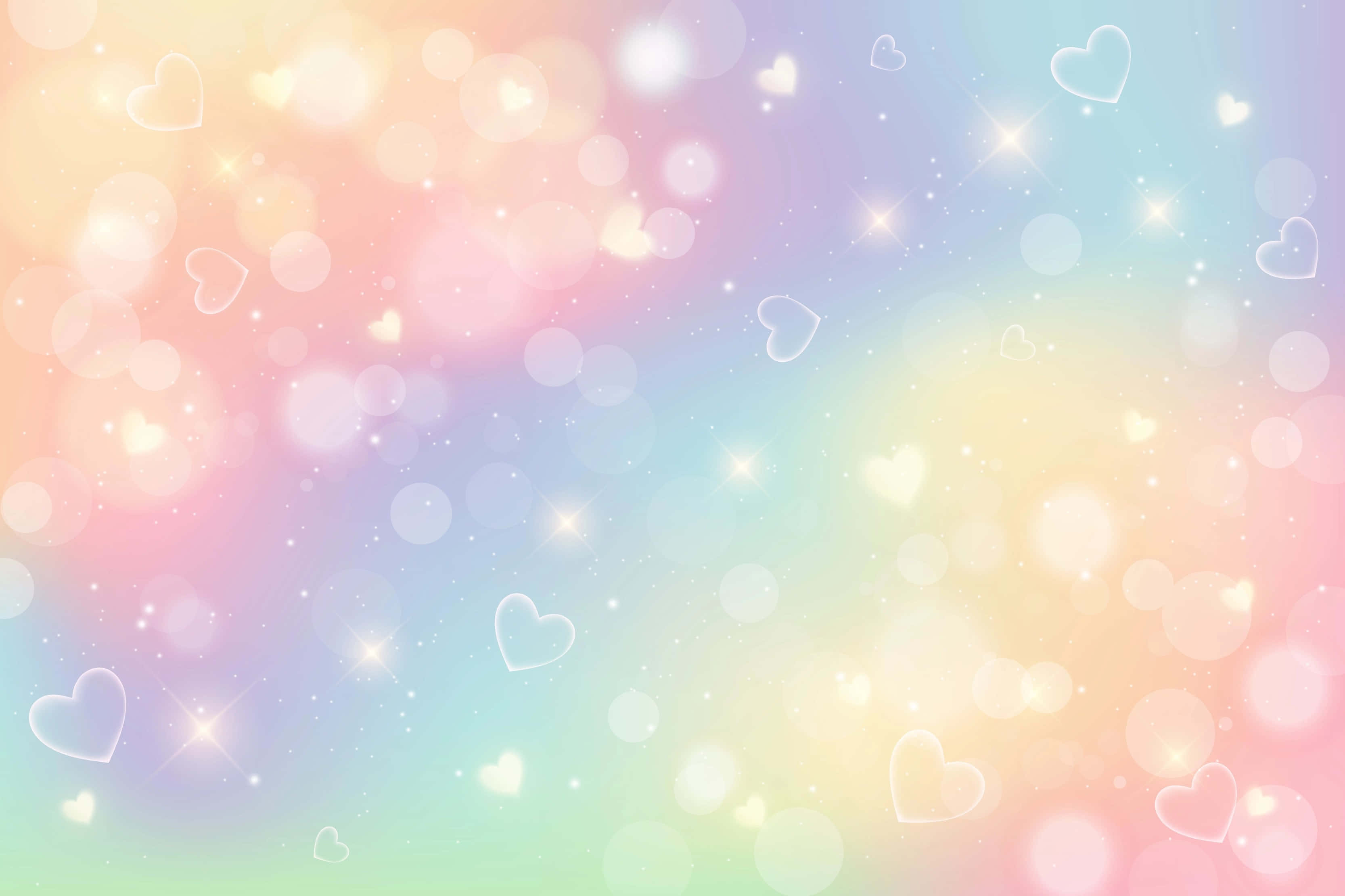 Pastel Cute 桌布 壁紙 — 柔和粉彩彩虹漸變背景，帶有發光散景燈光和精緻的白色心形輪廓。