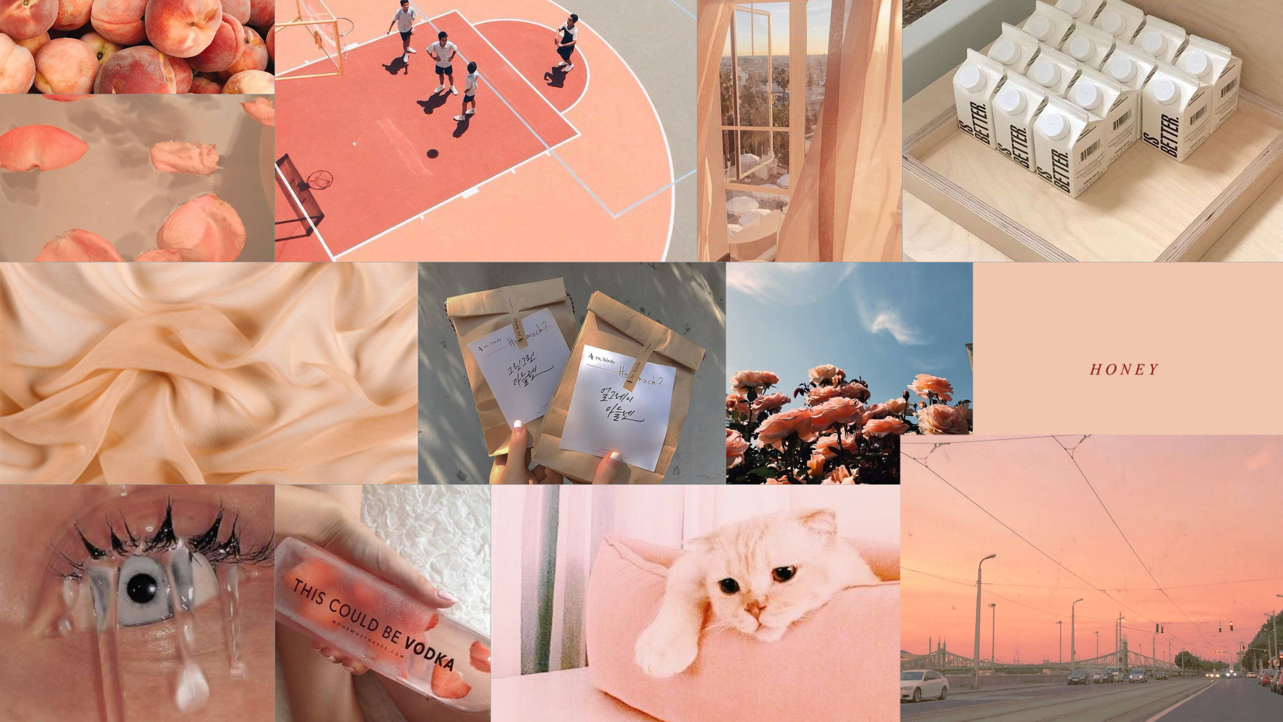 Pinterest Aesthetic 桌布 壁紙 — 柔和粉彩拼貼畫， featuring 桃子、絲滑牛奶盒、沙發上的貓咪和日落高速公路。
