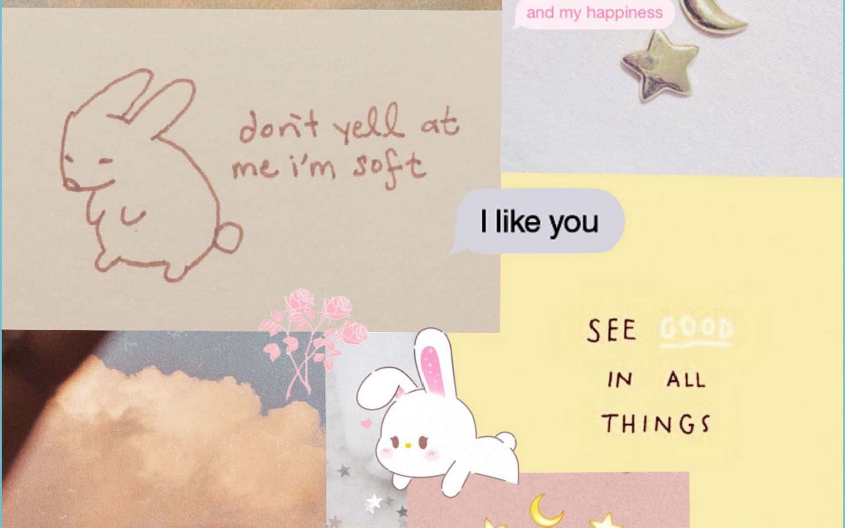 Soft 桌布 壁紙 — 柔和粉彩拼貼畫，包含可愛兔子插圖、手寫短語如 'don't yell at me i'm soft' 和 'I like you'，以及裝飾性的星星和玫瑰。