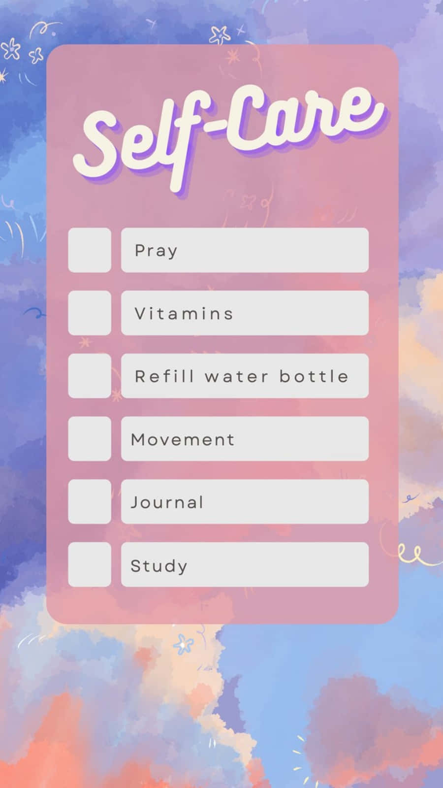 Self Care 桌布 壁紙 — 柔和粉彩水彩背景上有一個粉紅色的清單，標題為「自我照顧」，包含祈禱、維生素和寫日記等任務。