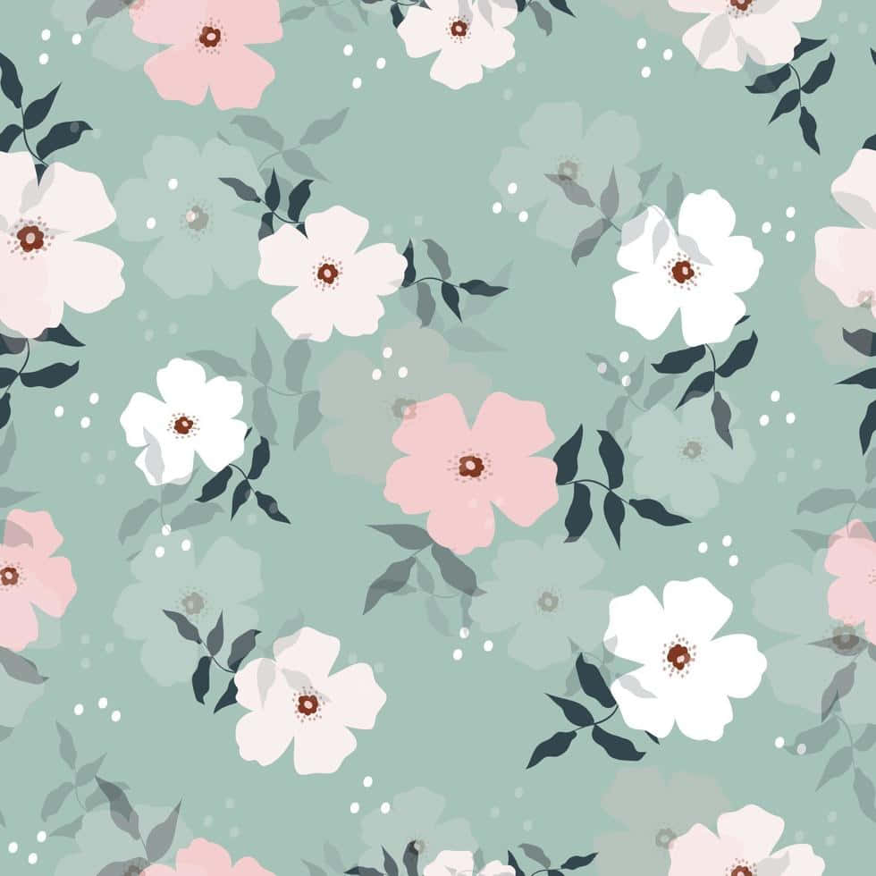 Cute Flower 桌布 壁紙 — 柔和粉彩花卉圖案，粉紅和白色花朵在薄荷綠背景上，點綴著細小的白色斑點。