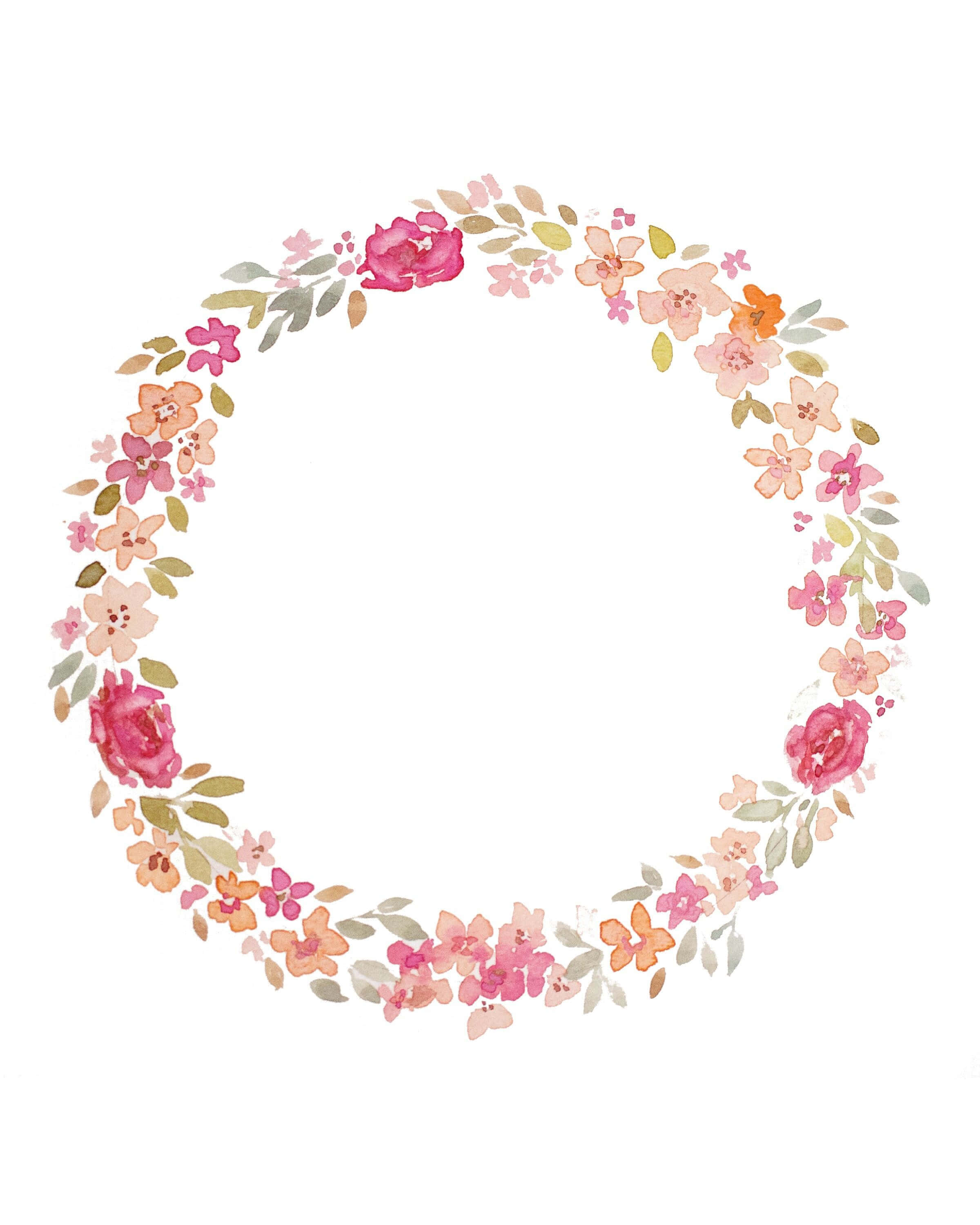 Floral Crown 桌布 壁紙 — 柔和粉紅、橙和綠色的精緻水彩花環，在潔白背景上形成圓形框架。