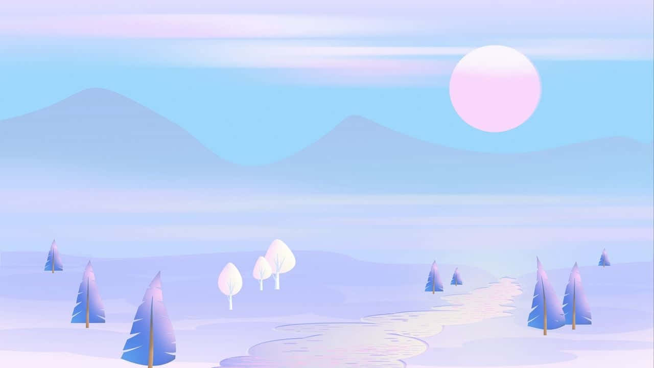 Pastel Minimalist 桌布 壁紙 — 柔和粉紅太陽下，蜿蜒小徑穿過雪地，寧靜的粉彩風景。