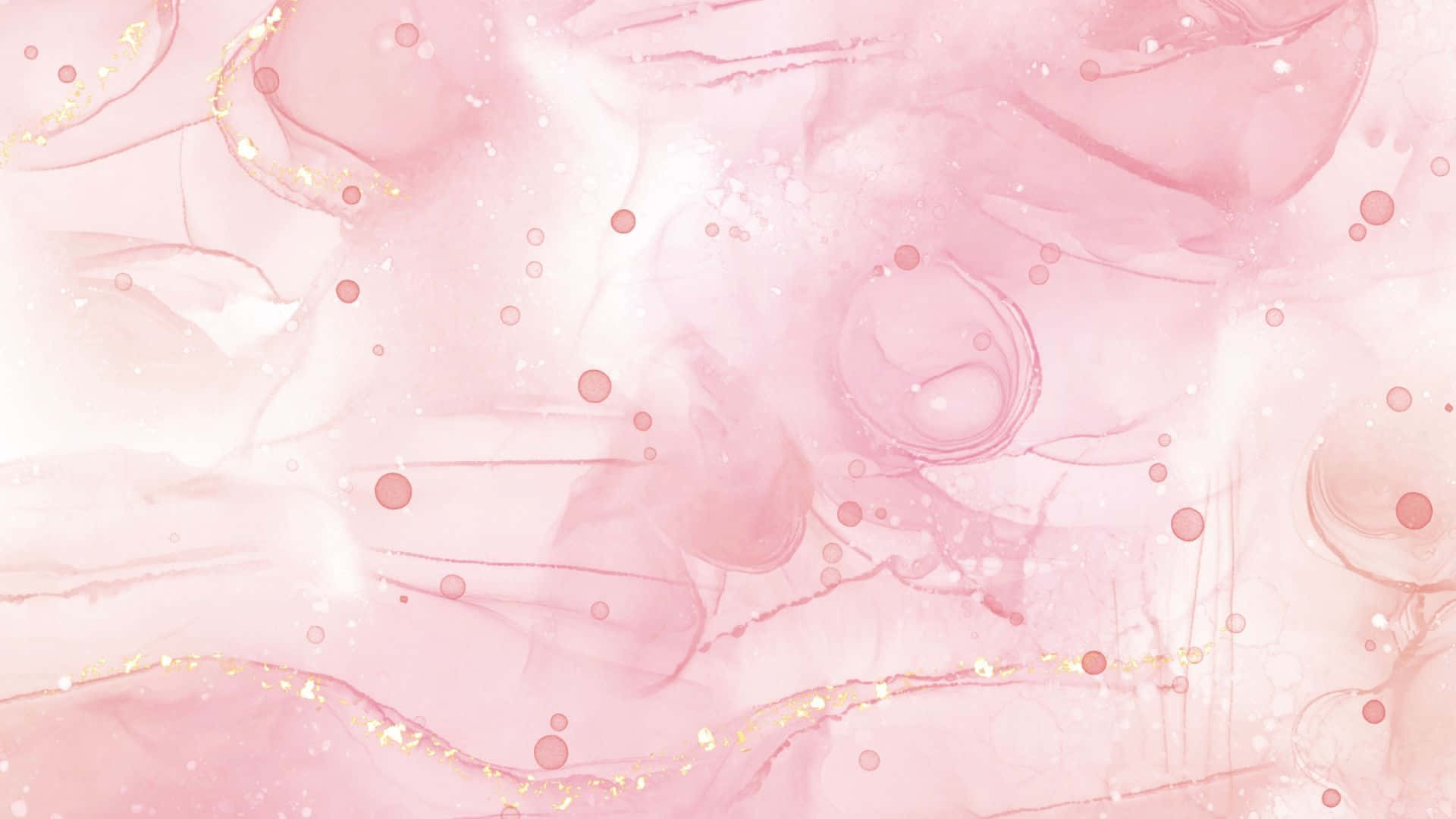 Pink Abstract 桌布 壁紙 — 柔和粉紅水彩漩渦，搭配金色閃粉點綴和散落圓點，營造夢幻抽象背景。