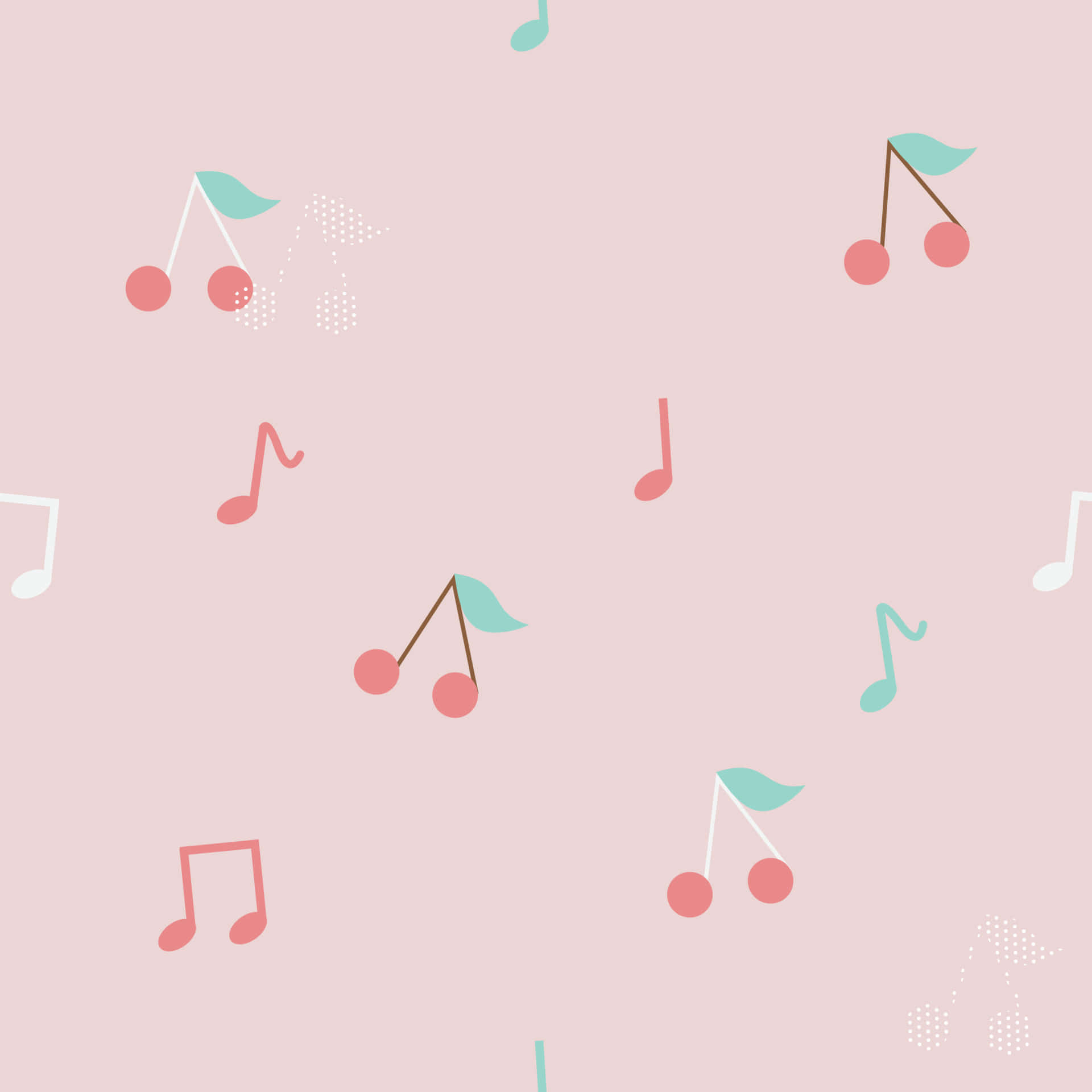 音樂美學 桌布 壁紙 — 柔和粉紅與薄荷綠的散落櫻桃插圖和音符點綴的粉彩粉紅背景。