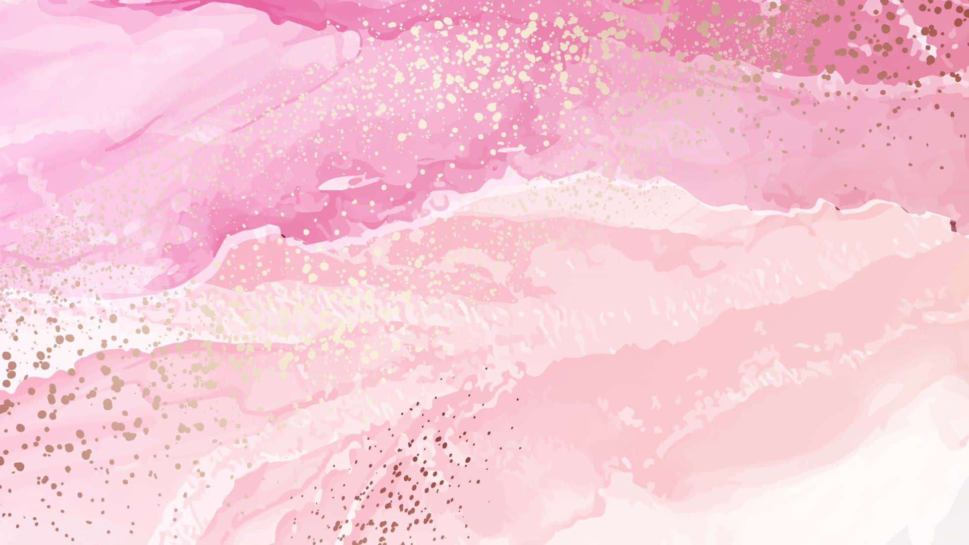 Pink Abstract 桌布 壁紙 — 柔和粉紅色水彩波浪與白色和金色斑點混合，營造出夢幻般的抽象背景。