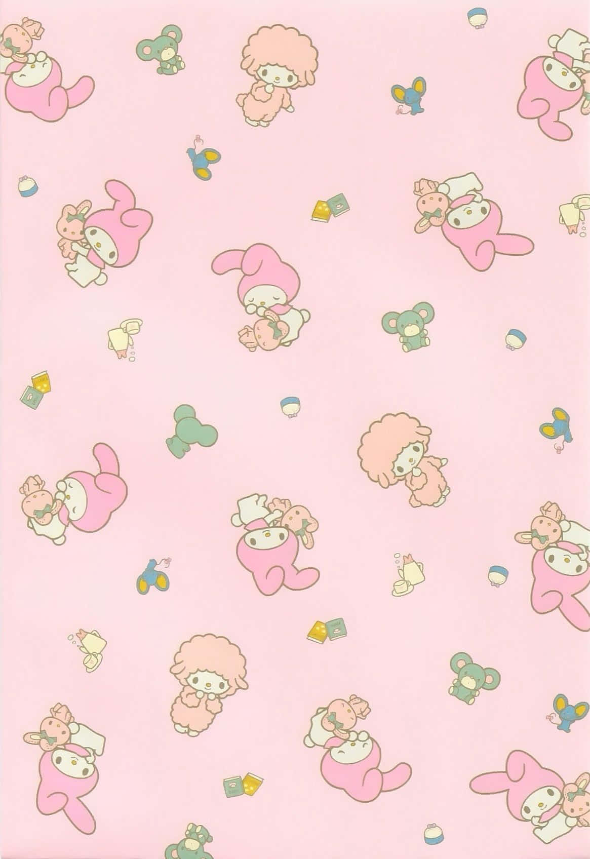 Cute Kawaii Japanese Characters 桌布 壁紙 — 柔和粉紅色牆紙，圖案為散落的可愛My Melody角色和粉彩小玩具。