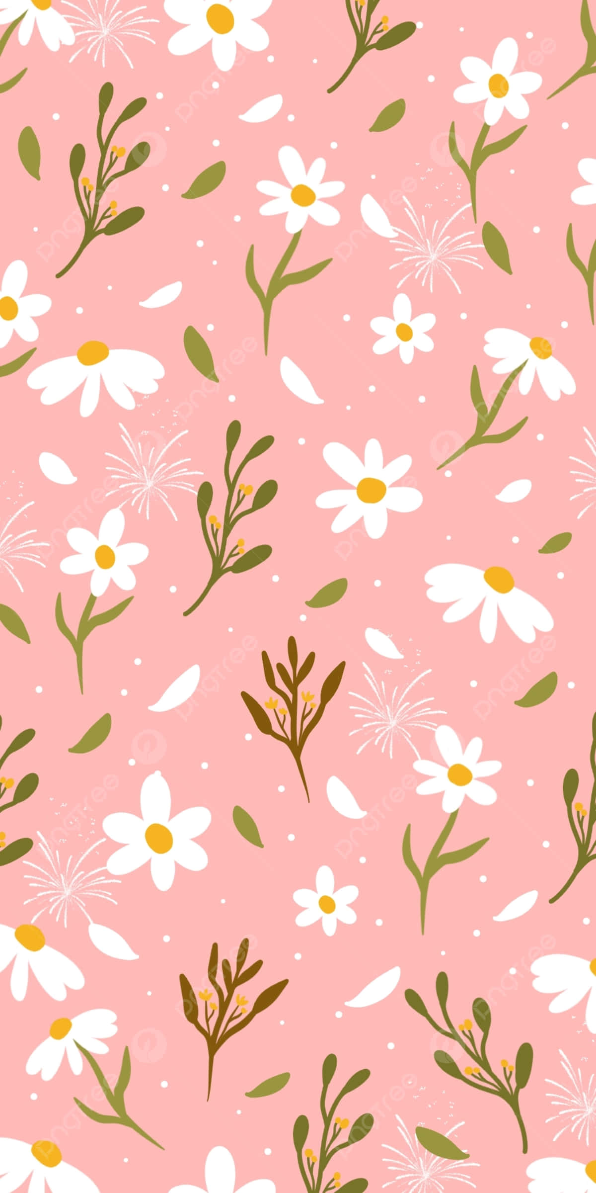 Cute Flower 桌布 壁紙 — 柔和粉紅色牆紙，圖案為白色雛菊、綠色莖幹和散落的葉子，營造出溫柔的花卉設計。