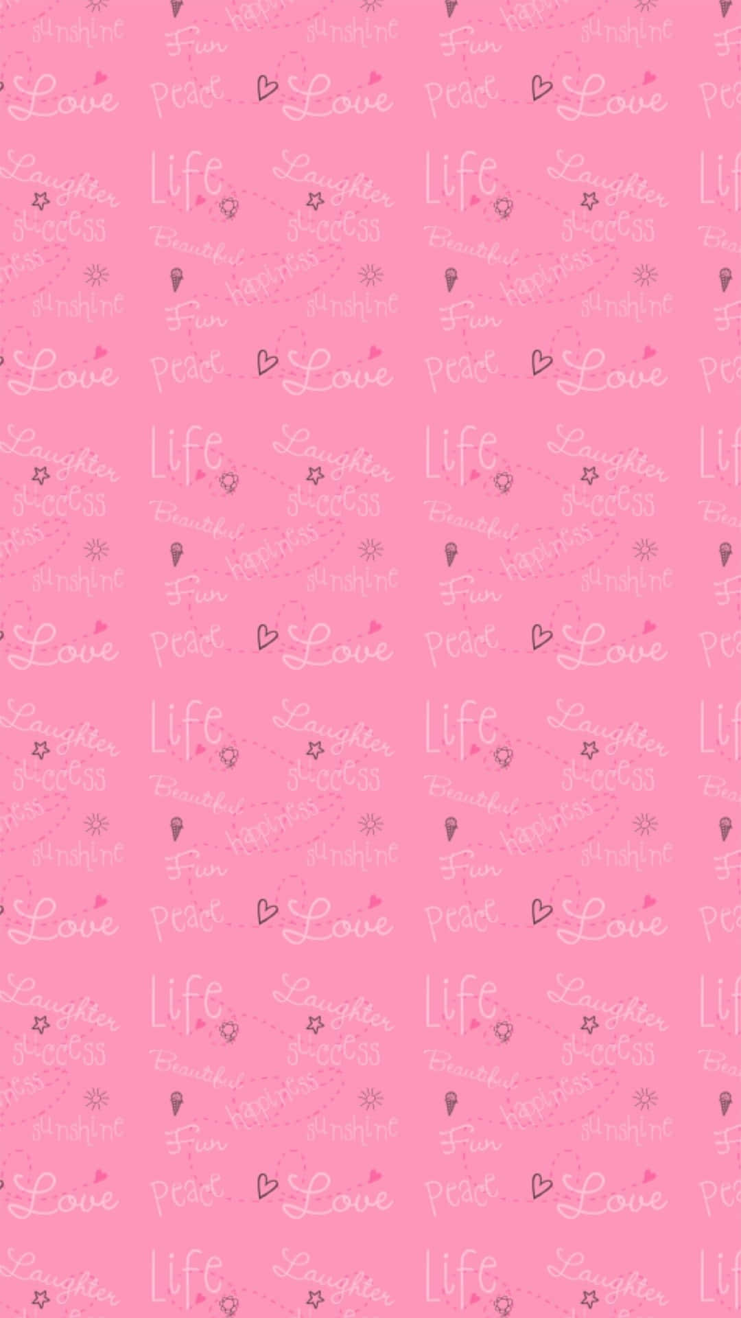 Pretty Pink 桌布 壁紙 — 柔和粉紅色牆紙圖案，以精緻草書重複「愛」、「生活」和「歡笑」等字詞，並綴有細小心形和星星。