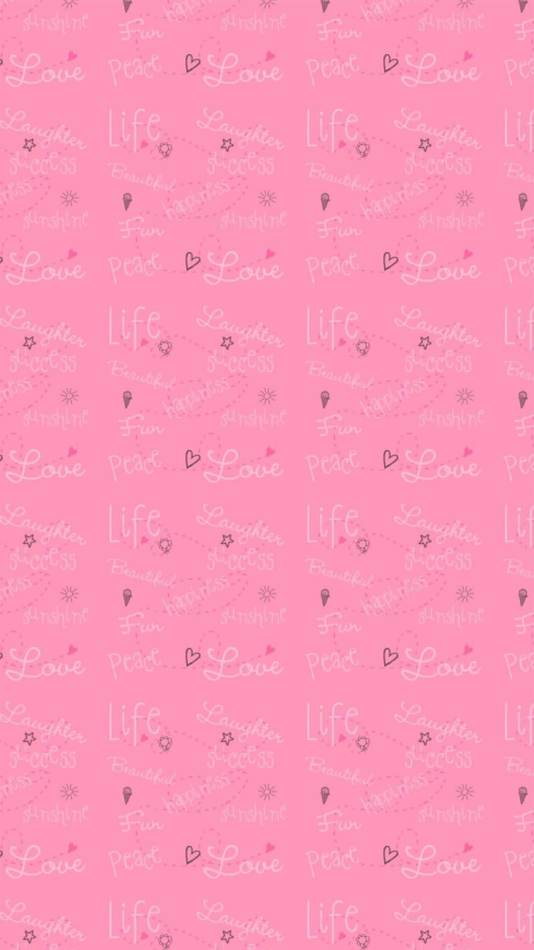  壁紙 — 柔和粉紅色牆紙圖案重複 love life 和 laughter 等字詞，以精緻草書書寫，並帶有細小的心形和星星。