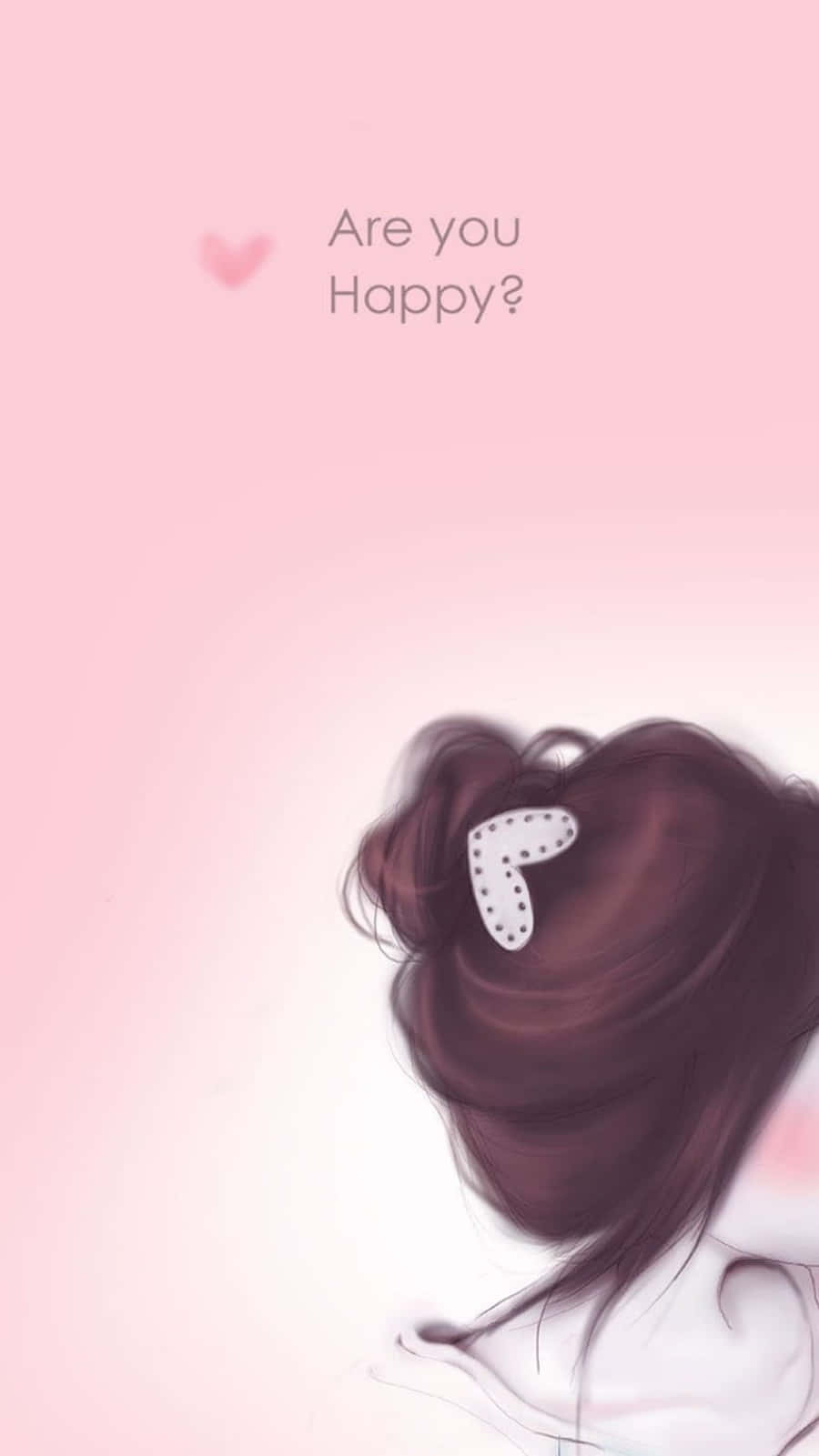 可愛少女風gif 桌布 壁紙 — 柔和粉紅色背景上，一個女孩的深色頭髮盤成髮髻，帶有心形髮夾，並有文字問你是否快樂。