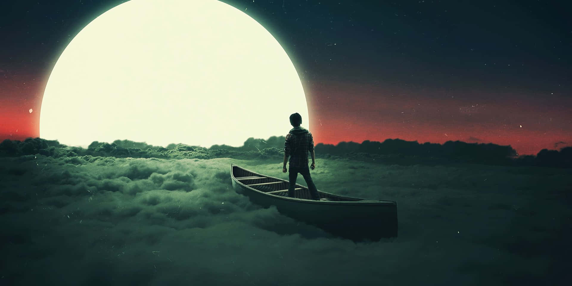 人站在獨木舟上，漂浮在雲層之上，下方是一個巨大的發光月亮。