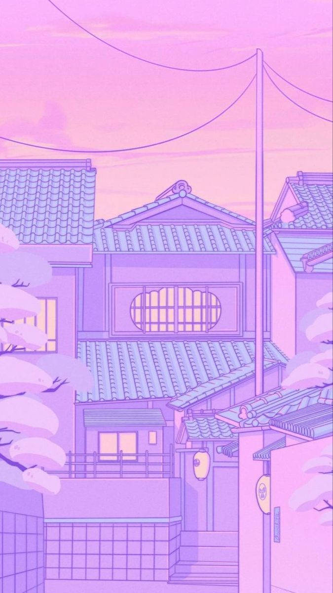 Purple Aesthetic Phone 桌布 壁紙 — 柔和紫色調的寧靜動漫風格街景，有傳統日式房屋和櫻花。