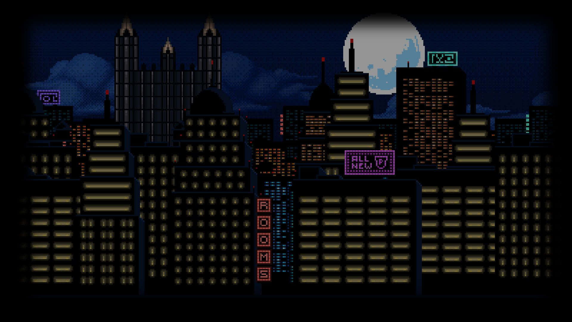 像素化城市夜景，發光的窗戶和滿月。