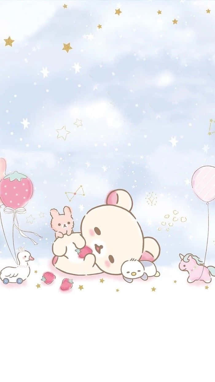 可愛的小熊和小兔在星空下玩氣球和草莓。