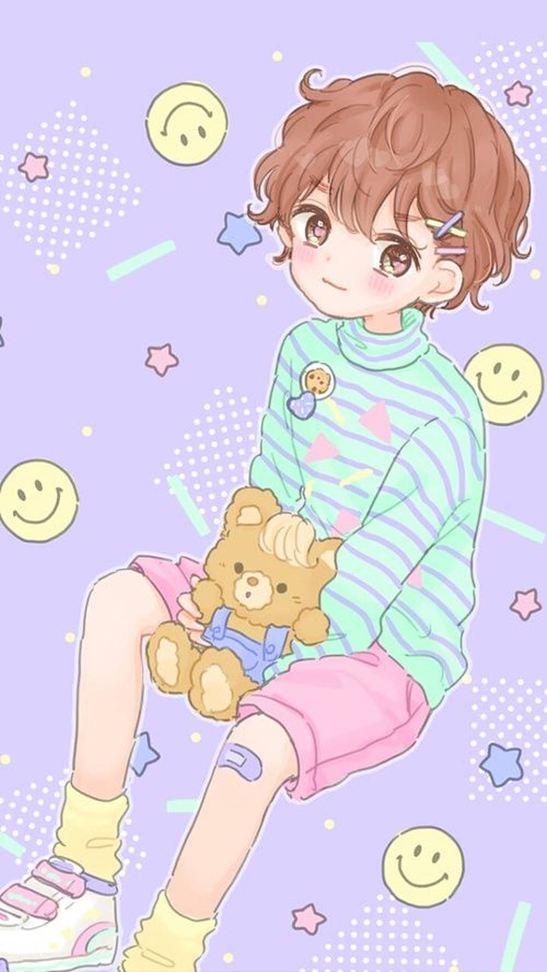 動畫男孩在帶有笑臉和星星的淡紫色背景上抱著泰迪熊。