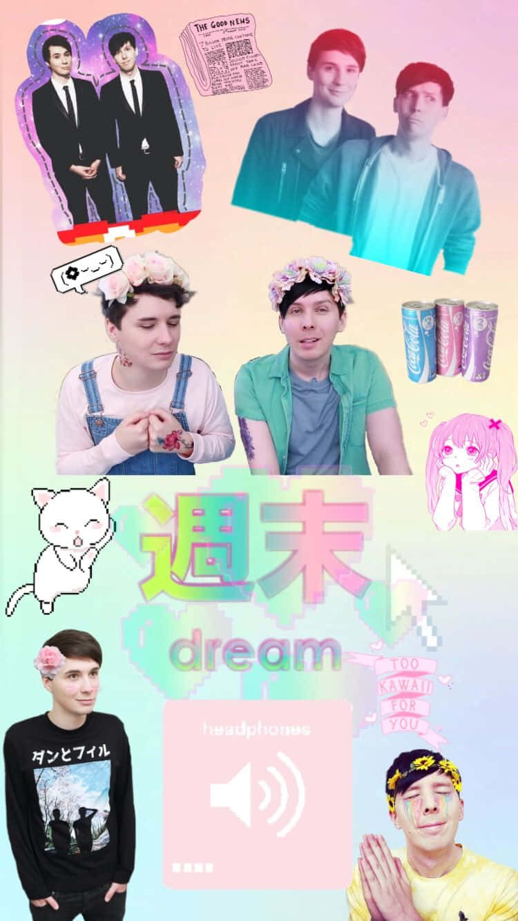 一幅色彩繽紛的拼貼畫， featuring 年輕男性、動漫角色和可愛物品，如耳機和汽水罐。