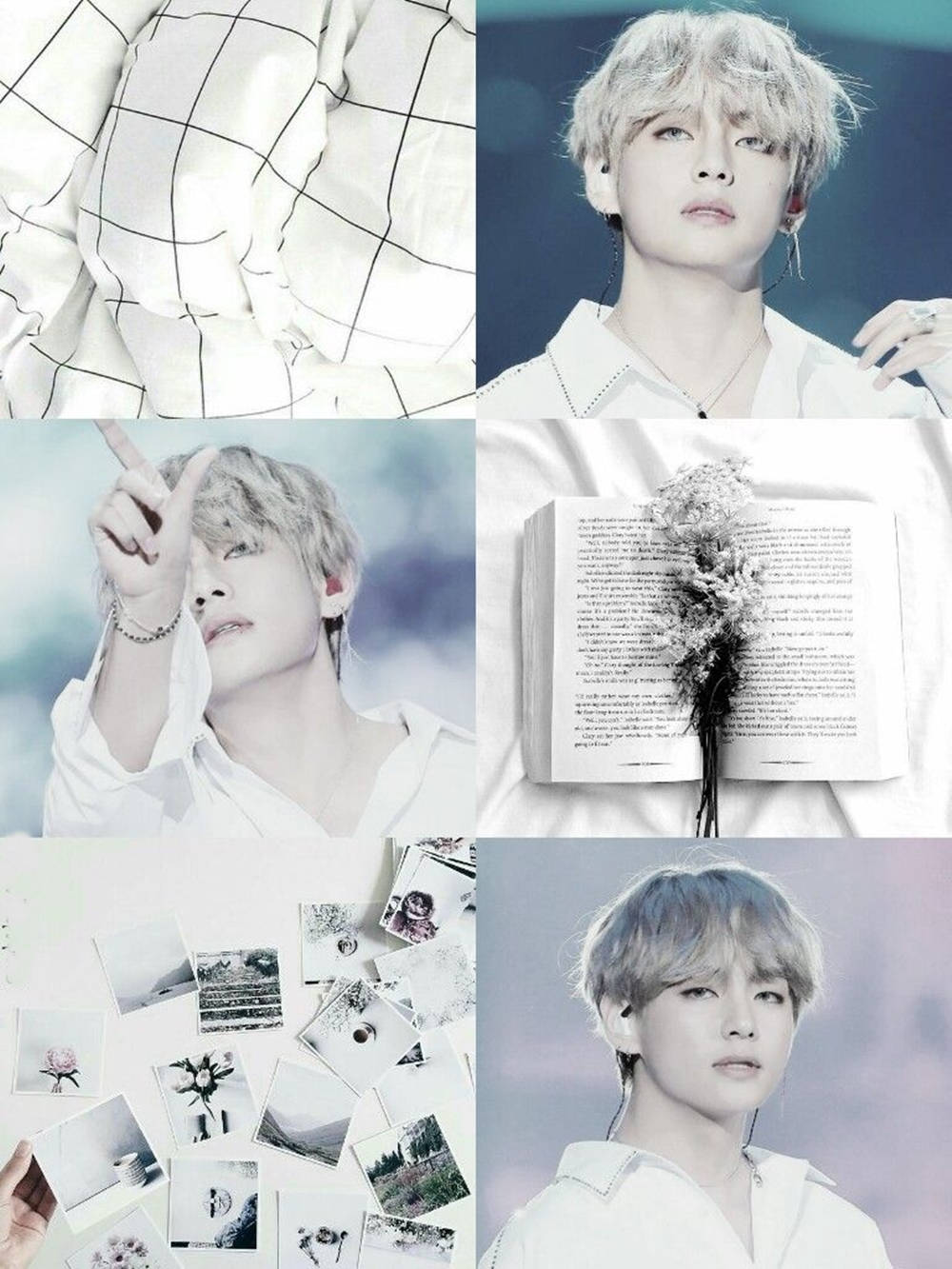 Kpop Aesthetic 桌布 壁紙 — 柔和色調照片拼貼，展示一位淺色頭髮的年輕男子、格紋布料、一本放有乾花的打開書本，以及散落的復古風格照片。
