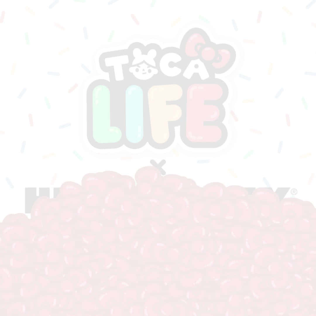 toca boca 桌布 壁紙 — 柔和色調的Toca Life標誌，淺色背景上有粉紅色泡泡糖堆和五彩紙屑。