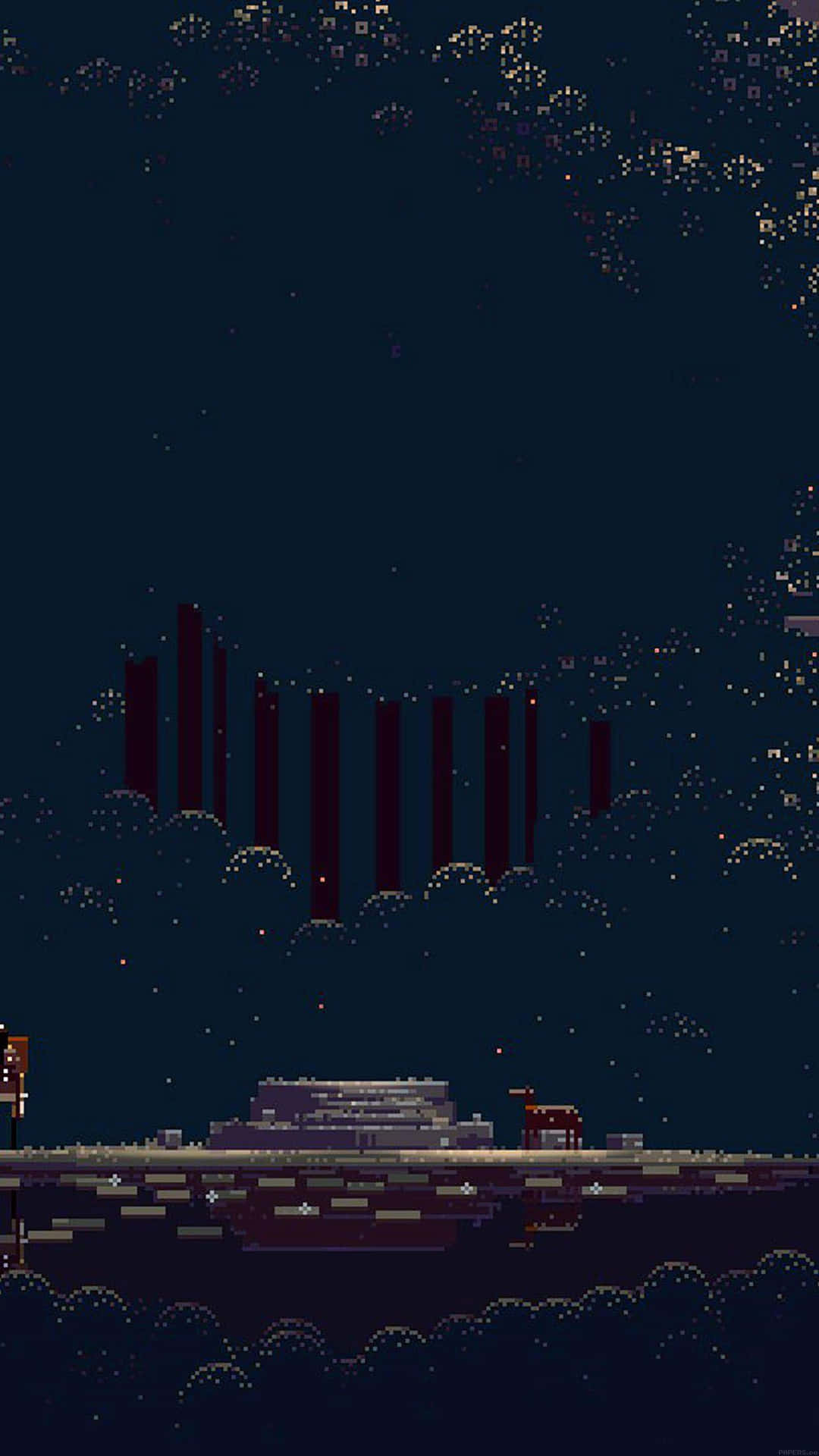 像素化的夜景，人物和鹿在浮動平台上，星空和城市天際線下。