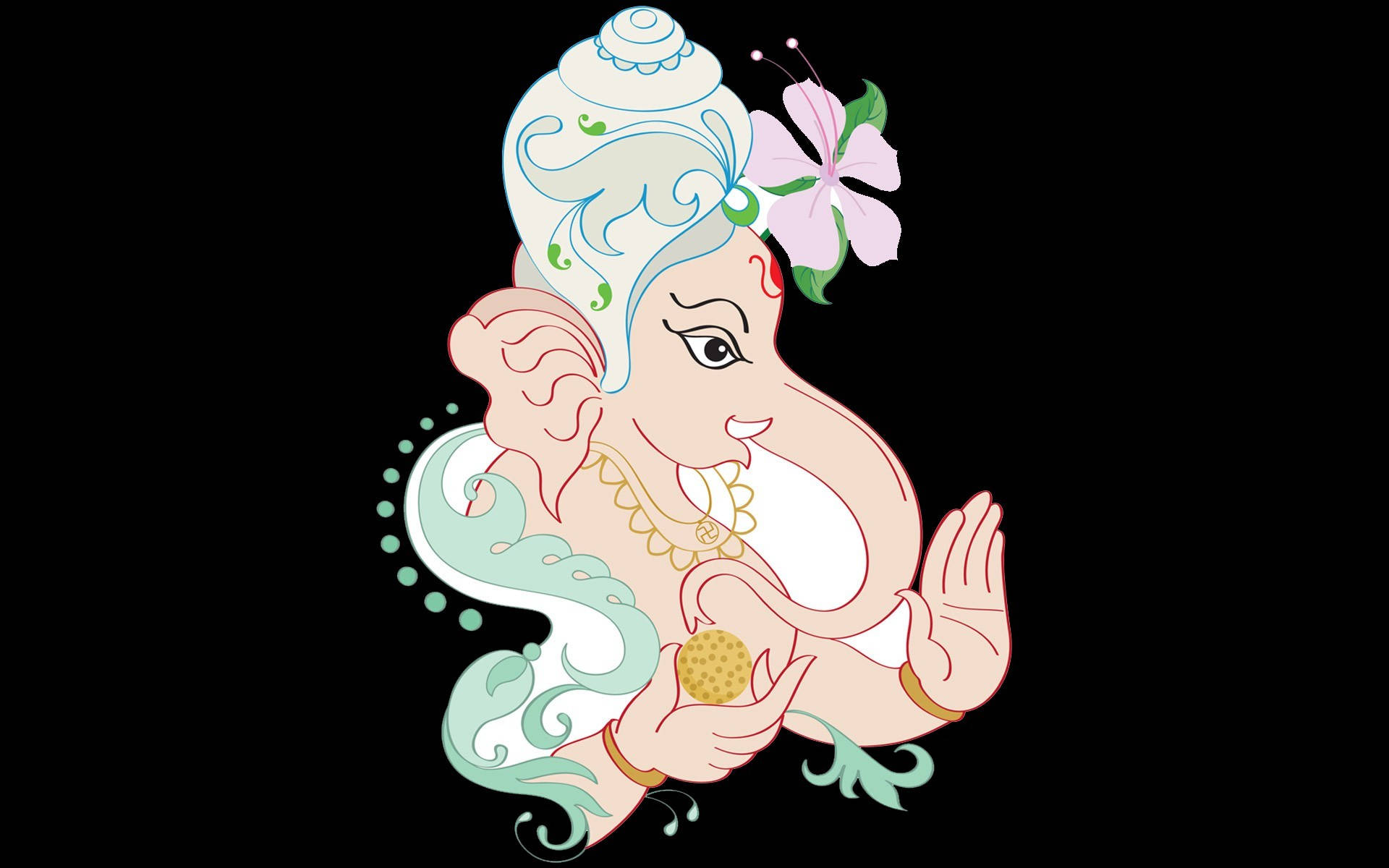 柔和色調的象頭神甘尼薩藝術 壁紙 — 一個風格化的插圖象頭神Ganesha，頭髮上有一朵粉紅色的花，在黑色背景前拿著一個modak。