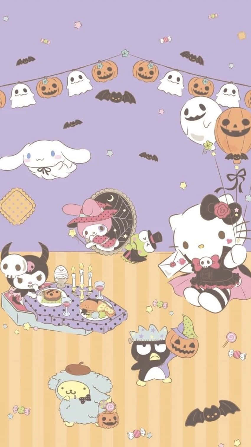 柔和色調萬聖節慶祝 壁紙 — 可愛的Sanrio角色在紫色條紋背景上，與南瓜、鬼魂、蝙蝠和糖果一起慶祝萬聖節。