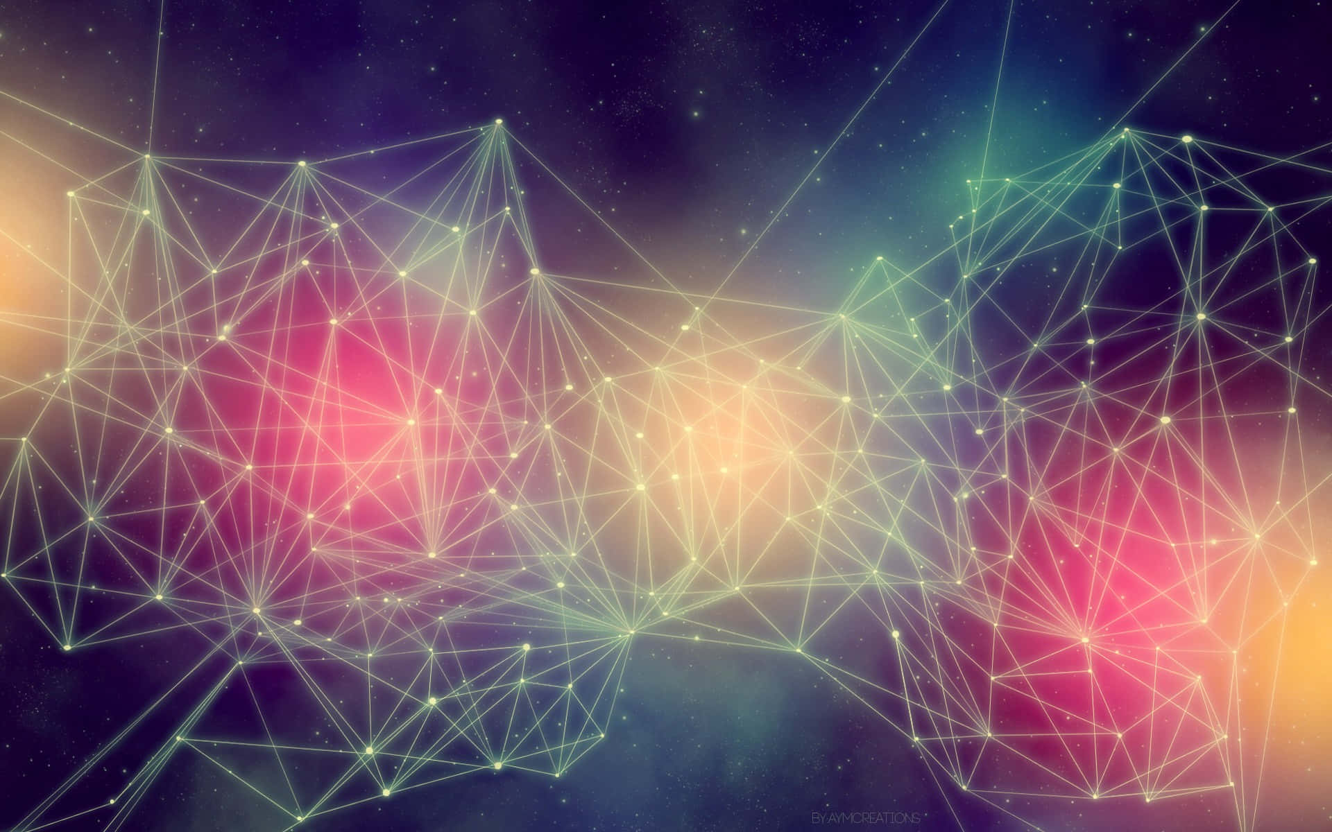 宇宙空間中發光的幾何網絡圖案，帶有彩色星雲。