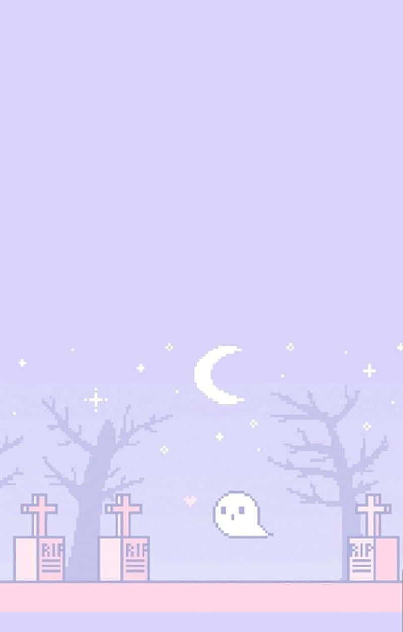柔和萬聖節幽靈與墓碑場景 壁紙 — 一個像素藝術鬼魂在彎月和閃爍星星下，平靜地漂浮在粉彩墓地之上。